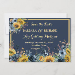 Navy Blue Sunflower Floral Wedding Save Date Kaart