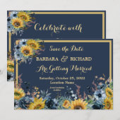 Navy Blue Sunflower Floral Wedding Save Date Kaart (Voorkant / Achterkant)