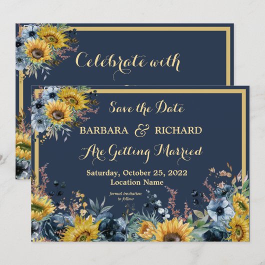 Navy Blue Sunflower Floral Wedding Save Date Kaart (Voorkant / Achterkant)