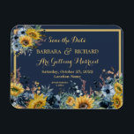 Navy Blue Sunflower Floral Wedding Save Date Magneet<br><div class="desc">Deze verbluffende Save the Date Magnet heeft een blauw marineschopende achtergrond met luchtige zonnebloemen en omringd door aanstekerblauwe bloem en groen. Het goudletteren en de aanraking van kalligrafie zijn een perfecte aanvulling op de mooie bloemen. Een mooie ontwerpkeuze om de toon te zetten voor je trouwfeest. Stuur een e-mail naar...</div>