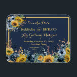 Navy Blue Sunflower Floral Wedding Save Date Magneet<br><div class="desc">Deze verbluffende Save the Date Magnet heeft een blauw marineschopende achtergrond met luchtige zonnebloemen en omringd door aanstekerblauwe bloem en groen. Het goudletteren en de aanraking van kalligrafie zijn een perfecte aanvulling op de mooie bloemen. Een mooie ontwerpkeuze om de toon te zetten voor je trouwfeest. Stuur een e-mail naar...</div>