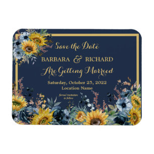 Navy Blue Sunflower Floral Wedding Save Date Magneet