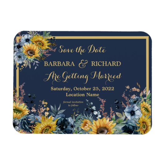 Navy Blue Sunflower Floral Wedding Save Date Magneet (Horizontaal)