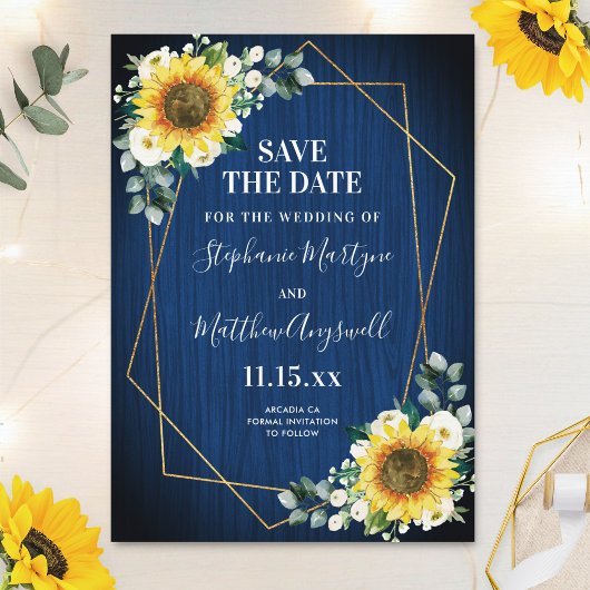 Navy Blue Sunflower Geometric Wedding Save The Date