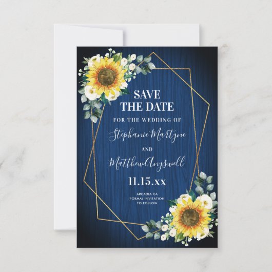 Navy Blue Sunflower Geometric Wedding Save The Date (Voorkant)