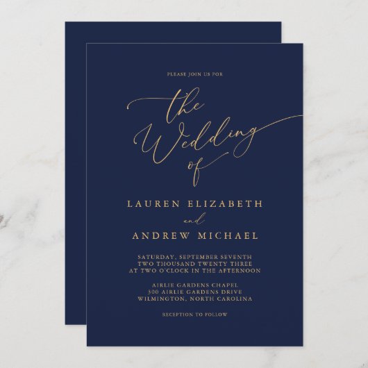 Navy Blue & Sunflower Gold Minimalist Weddenschap Kaart (Voorkant / Achterkant)