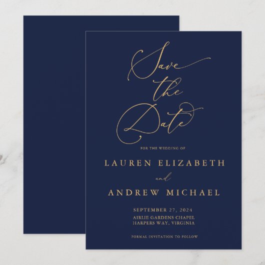 Navy Blue & Sunflower Gold Save the Date Kaart (Voorkant / Achterkant)