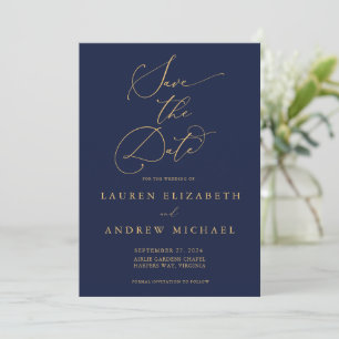 Navy Blue & Sunflower Gold Save the Date Kaart