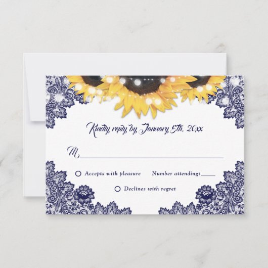 Navy Blue Sunflower Lace Burlap Hearts Wedding RSVP Kaartje (Voorkant)