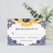 Navy Blue Sunflower Lace Burlap Hearts Wedding RSVP Kaartje (Staand voorkant)