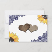 Navy Blue Sunflower Lace Burlap Hearts Wedding RSVP Kaartje (Achterkant)