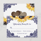 Navy Blue Sunflower Lace Burlap Hearts Wedding RSVP Kaartje (Voorkant / Achterkant)