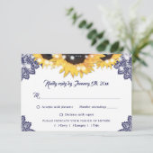 Navy Blue Sunflower Lace Wedding Meal Choice RSVP Kaartje (Staand voorkant)