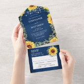 Navy Blue Sunflower Licht Rustic Wedding All In One Uitnodiging (Afscheurbaar)