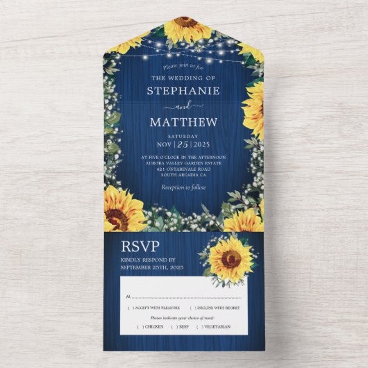 Navy Blue Sunflower Licht Rustic Wedding All In One Uitnodiging (Binnen)