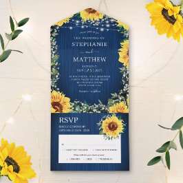 Navy Blue Sunflower Licht Rustic Wedding All In One Uitnodiging