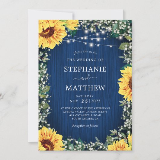Navy Blue Sunflower Licht Rustic Wedding Kaart (Voorkant)