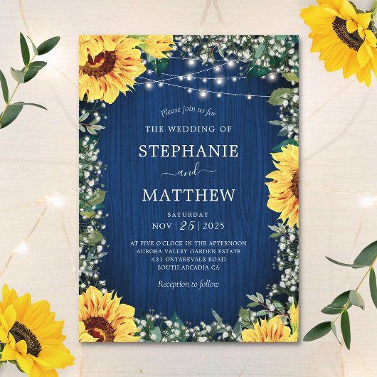 Navy Blue Sunflower Licht Rustic Wedding Kaart