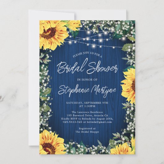 Navy Blue Sunflower Lights Vrijgezellenfeest Kaart (Voorkant)