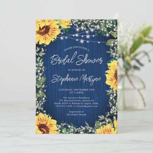 Navy Blue Sunflower Lights Vrijgezellenfeest Kaart (Staand voorkant)