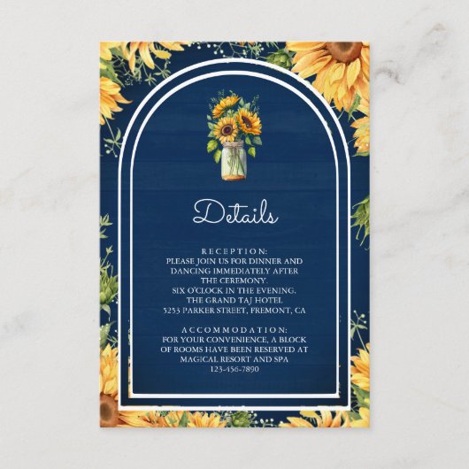 Navy Blue Sunflower Mason Jar Arch Wedding Details Informatiekaartje (Voorkant)
