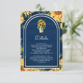 Navy Blue Sunflower Mason Jar Arch Wedding Details Informatiekaartje (Staand voorkant)