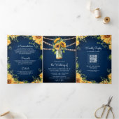 Navy Blue Sunflower Mason Jar QR Code Weddenschap Drieluik Uitnodiging (Binnen)