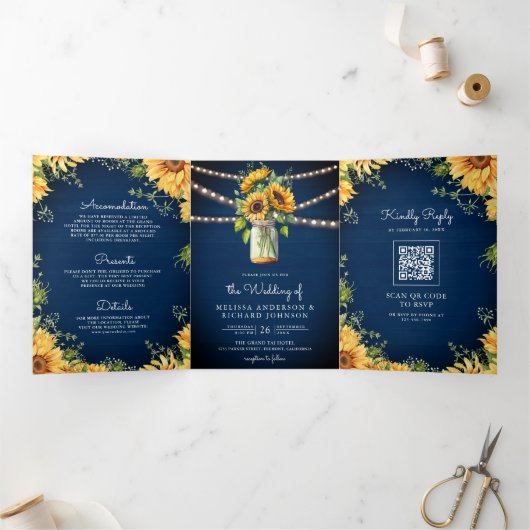 Navy Blue Sunflower Mason Jar QR Code Weddenschap Drieluik Uitnodiging (Binnen)