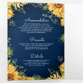 Navy Blue Sunflower Mason Jar QR Code Weddenschap Drieluik Uitnodiging (Binnenzijde eerst)