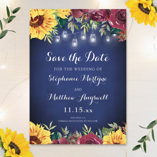 Navy Blue Sunflower Mason Jar Wedding Save The Date