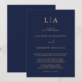 Navy Blue Sunflower Monogram Minimalistisch huweli Kaart (Voorkant / Achterkant)