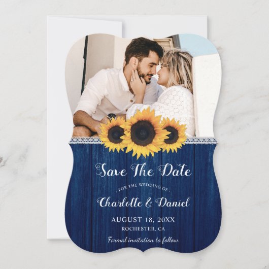 Navy Blue Sunflower Red de datum fotokaarten Save The Date (Voorkant)