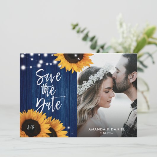 Navy Blue Sunflower Red de datum fotokaarten Save The Date (Staand voorkant)