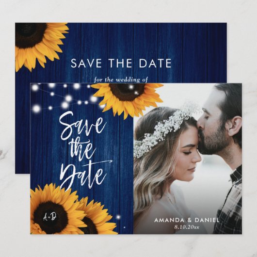 Navy Blue Sunflower Red de datum fotokaarten Save The Date (Voorkant / Achterkant)