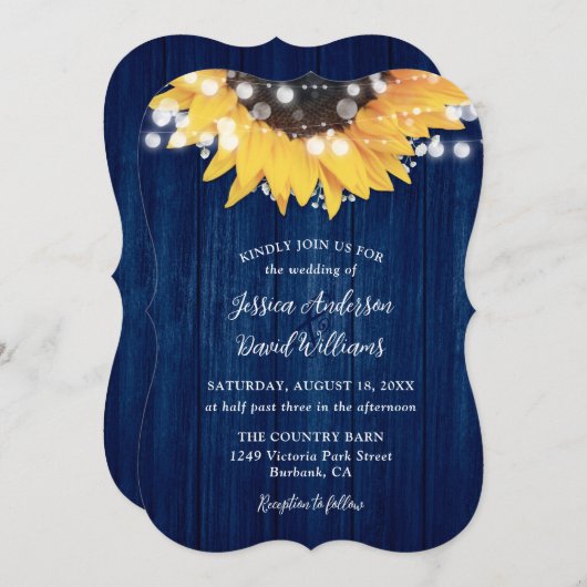 Navy Blue Sunflower Rustic Barn Wood Weddenschap Kaart (Voorkant / Achterkant)