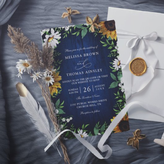 Navy Blue Sunflower Rustic Budget QR Code Wedding Kaart