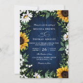Navy Blue Sunflower Rustic Budget QR Code Wedding Kaart (Voorkant)