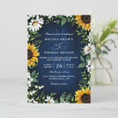 Navy Blue Sunflower Rustic Budget QR Code Wedding Kaart (Staand voorkant)
