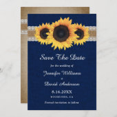 Navy Blue Sunflower Rustic Burlap Wedding Save The Date (Voorkant / Achterkant)