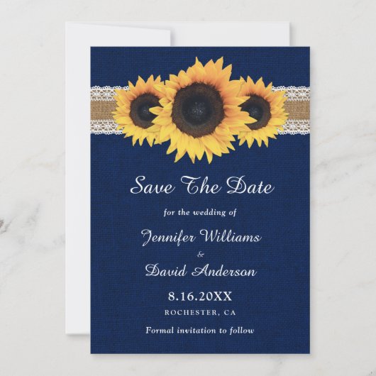 Navy Blue Sunflower Rustic Burlap Wedding Save The Date (Voorkant)
