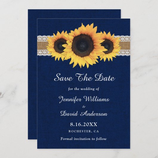 Navy Blue Sunflower Rustic Burlap Wedding Save The Date (Voorkant / Achterkant)