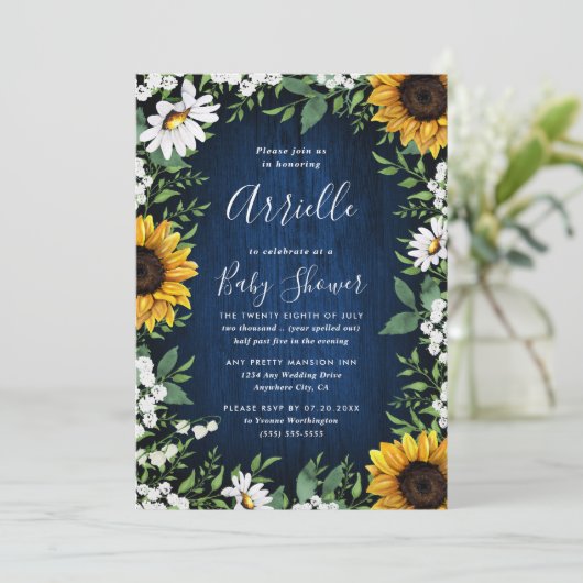Navy Blue Sunflower Rustic Country Baby shower Kaart (Staand voorkant)
