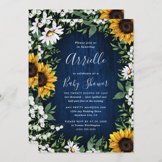 Navy Blue Sunflower Rustic Country Baby shower Kaart (Voorkant / Achterkant)