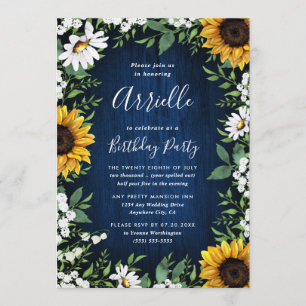 Navy Blue Sunflower Rustic Country Birthday Party Kaart