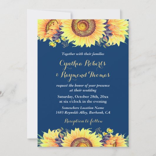 Navy Blue Sunflower Rustic Romantic Wedding Kaart (Voorkant)