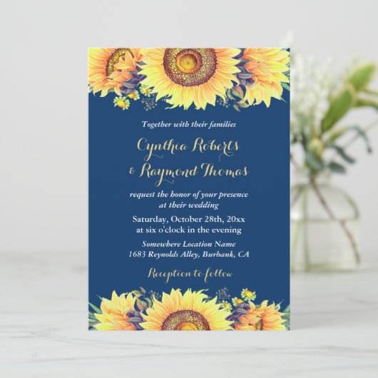 Navy Blue Sunflower Rustic Romantic Wedding Kaart (Staand voorkant)