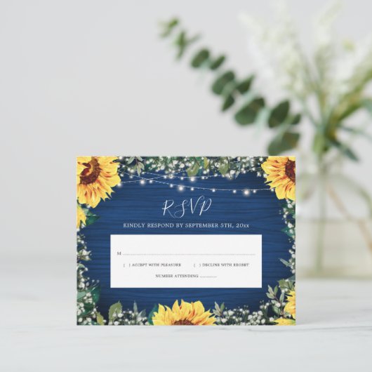 Navy Blue Sunflower Rustic RSVP (Staand voorkant)