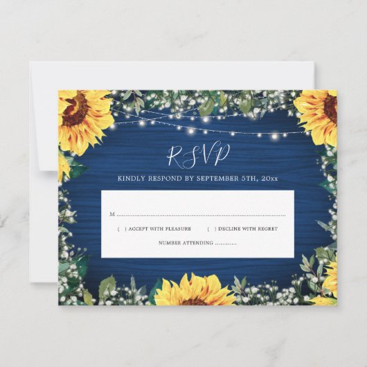 Navy Blue Sunflower Rustic RSVP Kaartje (Voorkant)