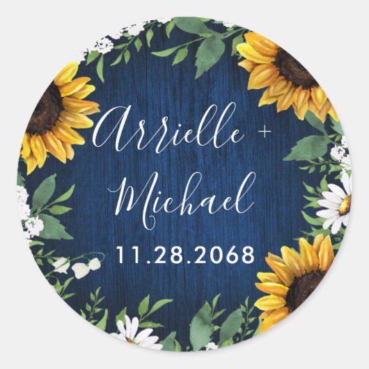 Navy Blue Sunflower Rustic Wedding Favor Ronde Sticker (Voorkant)