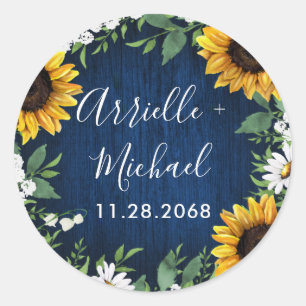 Navy Blue Sunflower Rustic Wedding Favor Ronde Sticker